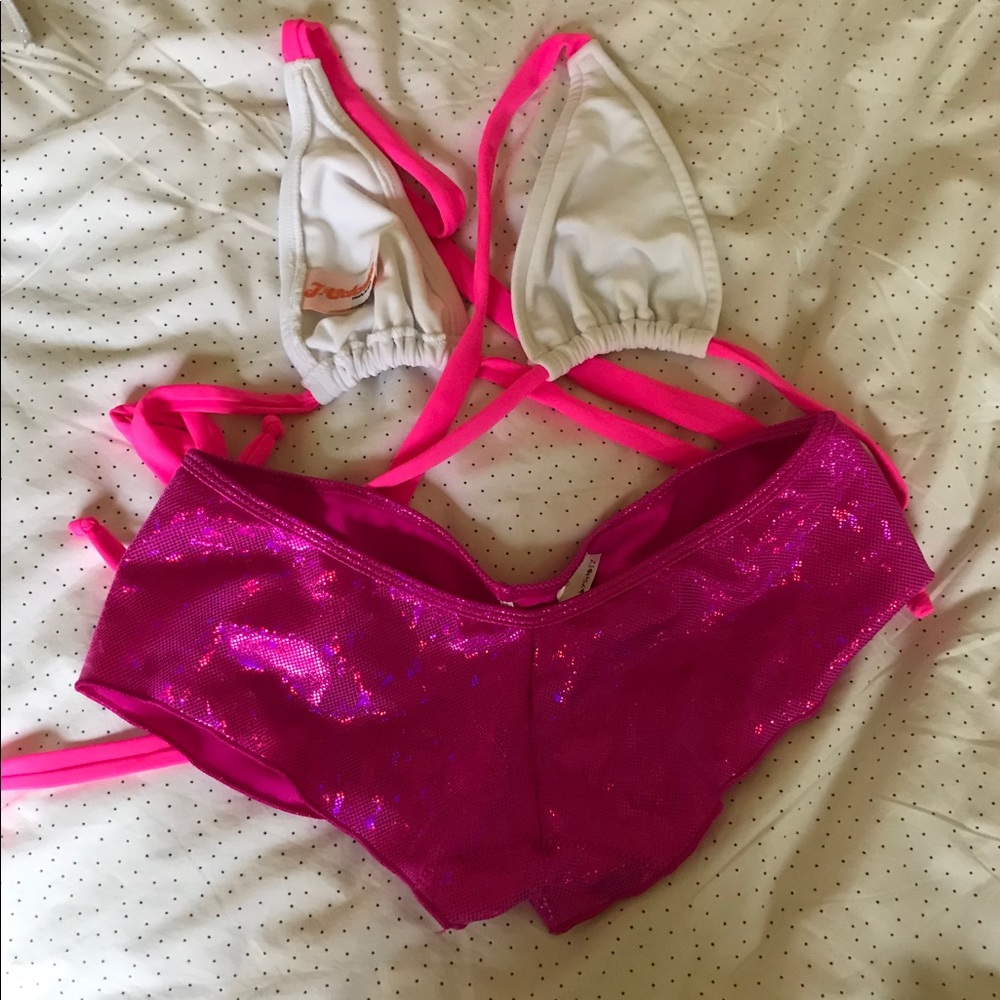 Pink and white rave outfit